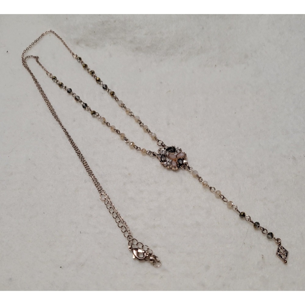 Vintage Rose Gold Tone Y Drop Pendant Beaded Bohemian Boho Casual‎ 32+" Necklace